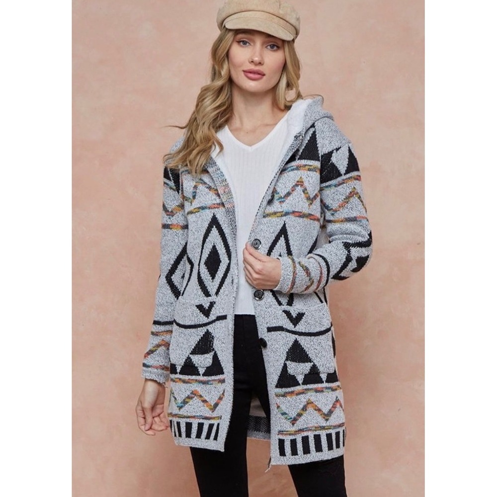 Anthropologie Northern Angel Womens XL Gray Aztec Sherpa Lined Hooded Cardigan